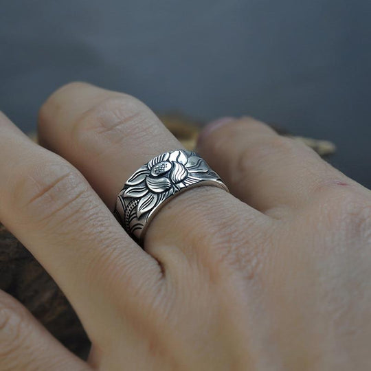 Bague de lotus en argent ajustable - Taille unique