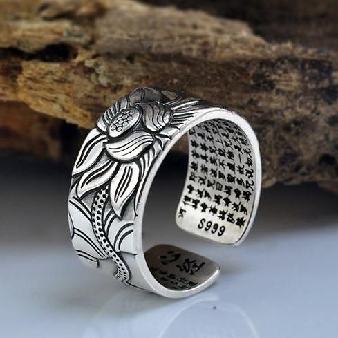 Bague de lotus en argent ajustable - Taille unique